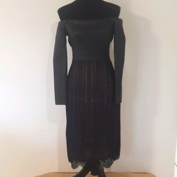 NEW BCBG MAXAZRIA 'NAHARA' Black Leather Look Lace Dress Size 8 approx S… - Picture 3 of 13